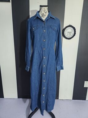 Vintage Button-Front Denim Shirt Dress - Blue
